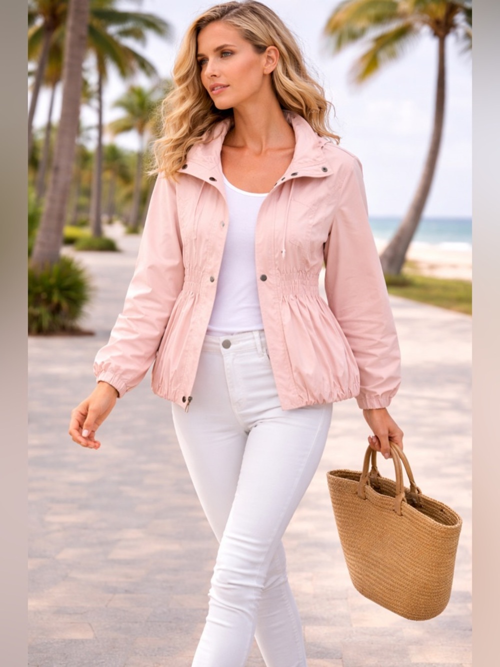 Viotto,Blush Peplum Windbreaker Jacket Lightweight Utility Snap-Front SIZE L